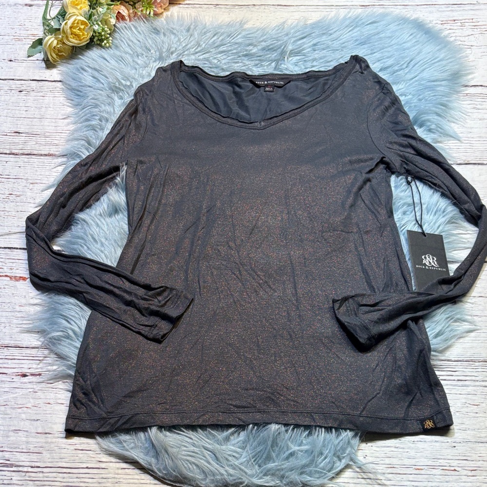 NWT Rock & Republic Dark Charcoal Glitter Long Sleeve Tee sz M